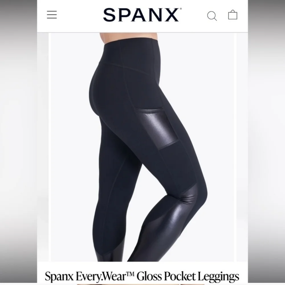 NWOT. Spanx Gloss Panel Leggings. Faux Leather Pockets. Black.Sz Small. - Picture 1 of 5